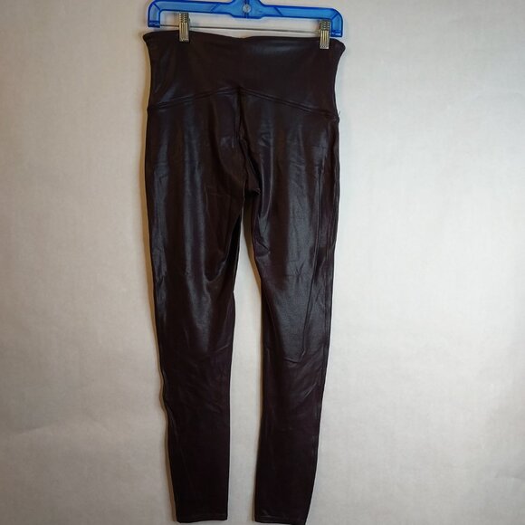 Spanx Leggings Women's XL Black w Purple Base Pull On Faux Leather Wide Waist - Picture 4 of 10